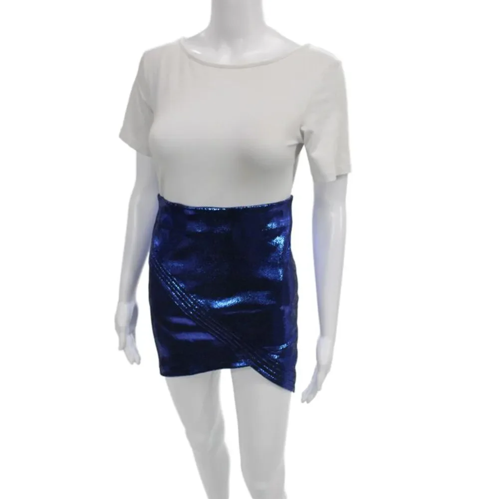 R+A Womens Mini Pencil Skirt Blue Stretch Lambskin Leather Size 4
